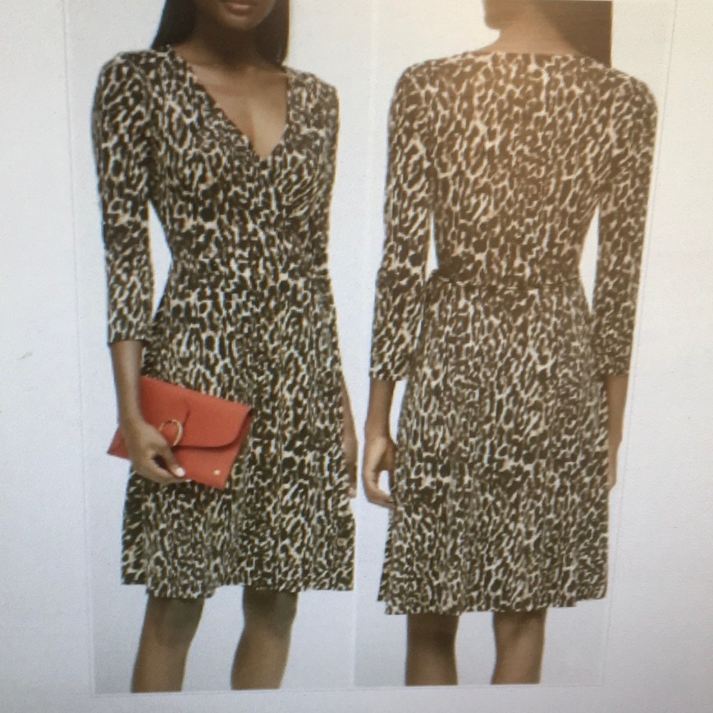 BANANA REPUBLIC/LEOPARD WRAP JERSEY, LOW V, 3/4 SLEEVES KNEE LENGTH DRESS/NEW